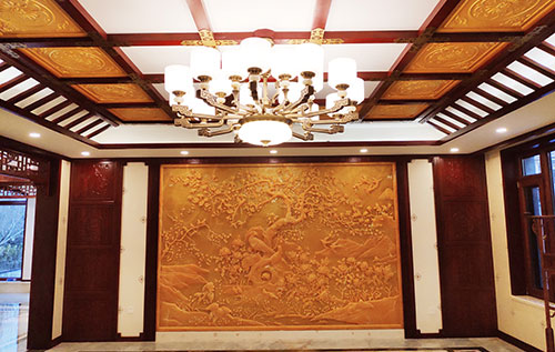 覃塘中式别墅客厅中式木作横梁吊顶装饰展示